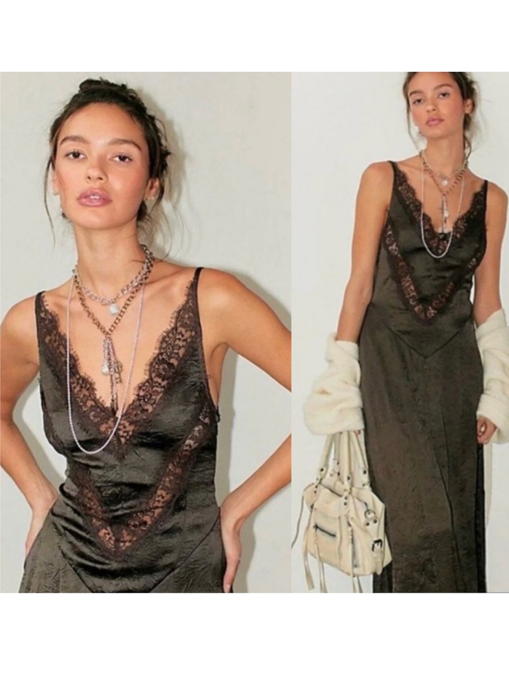 Free People Olive Green Lace-Trim Maxi Slip Dress